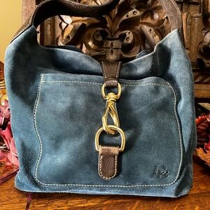 Dooney & Bourke Blue Suede Hobo Bag with Gold Accents